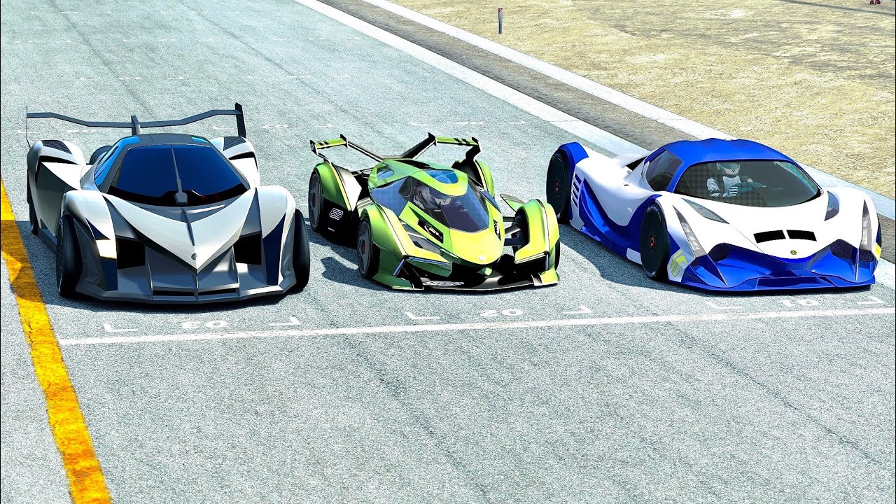 Lamborghini V12 Vision GT vs Devel Sixteen 2014 vs Devel Sixteen 2019 - Drag Race 20 KM