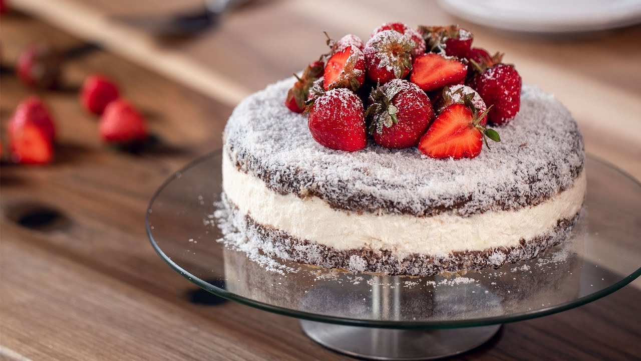 Lamington Cake - Chocolate Coconut Cake with Strawberry and Mascarpone filling