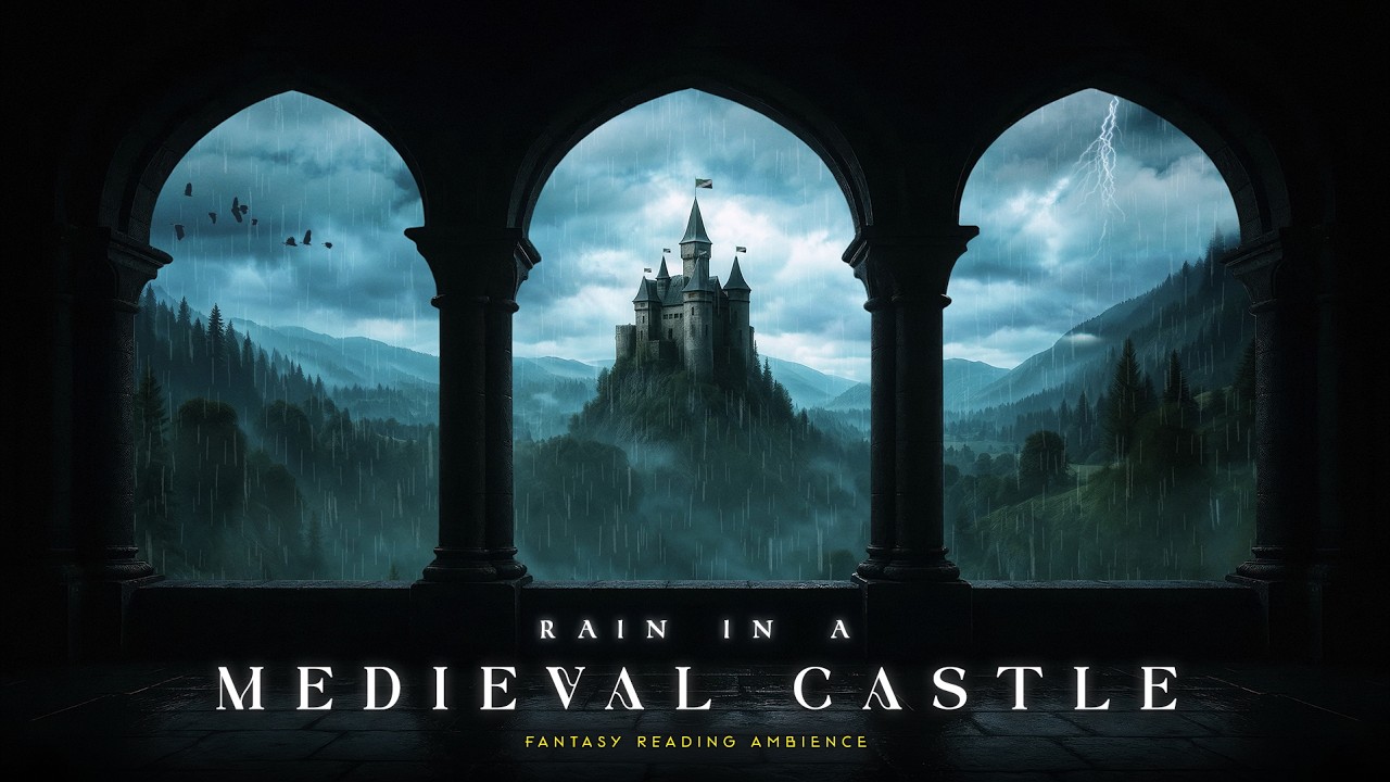 Rainy Medieval Castle Window View - Ambience for Reading, Working, Writing - Cozy Thunderstorm Sound