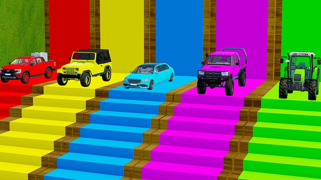 TRANSPORTING FIVE COLOR CARS DUSTER, CHEVY TAHOE, BMW, TOYOTA, NISSAN TRUCK - Farming Simulator 22