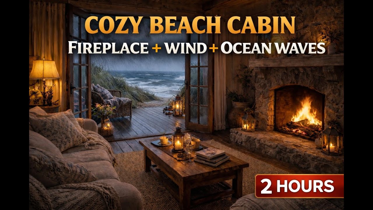 Windy Ocean Waves + Fireplace Sounds | Cozy Winter Ambience for Deep Sleep & Study (2H)