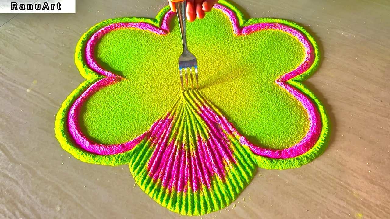 Beginners ke liye Simple & Unique Rangoli✨Green Yellow Flower Rangoli✨Step by Step Tutorial✨Ranu Art