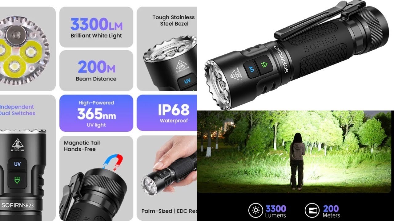 Sofirn SR23 rechargeable flashlight //  3300 lumens dual switch with UV light ! 