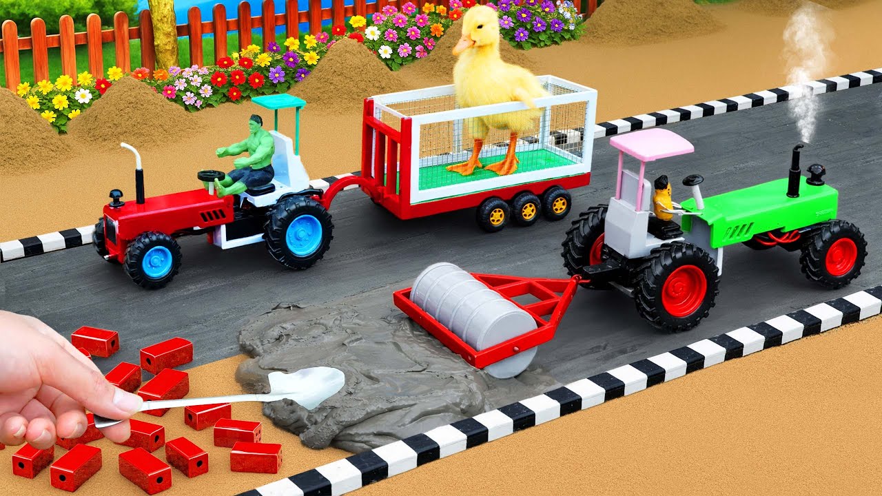 Mini Tractor Stuck on Brick Road While Carrying Ducklings | DIY Concrete Road Science Project