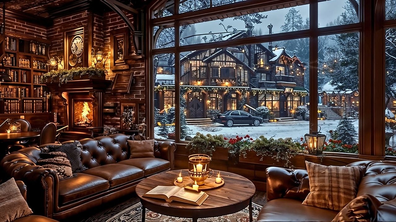 🌨️ Cozy February Snow Café ☕ Smooth Jazz Piano & Fireplace Ambience for Peaceful Study Evenings