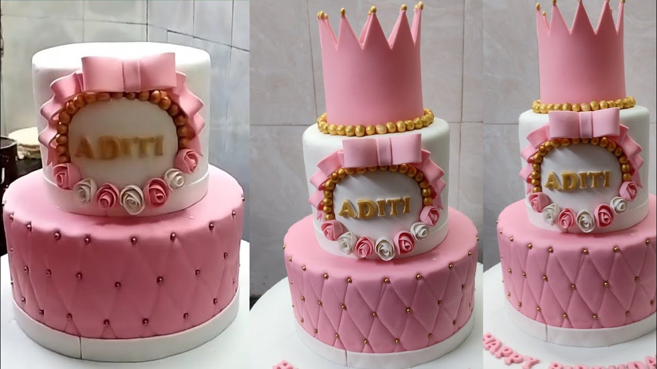 Two Tire Fondant Cake Design |Princess Baby Birthday Cake |Crown Decorating Baby Birthday Cake Ideas