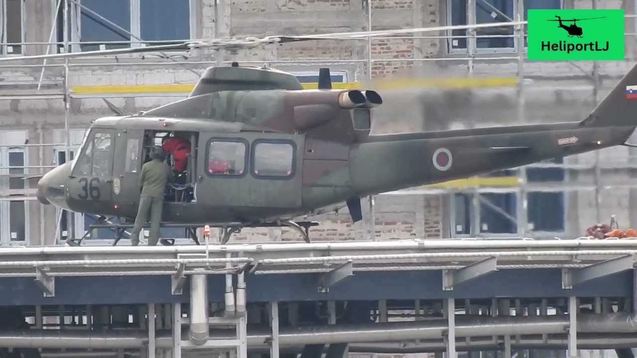 Bell 412 landing, EMTs boarding and takeoff, Ljubljana