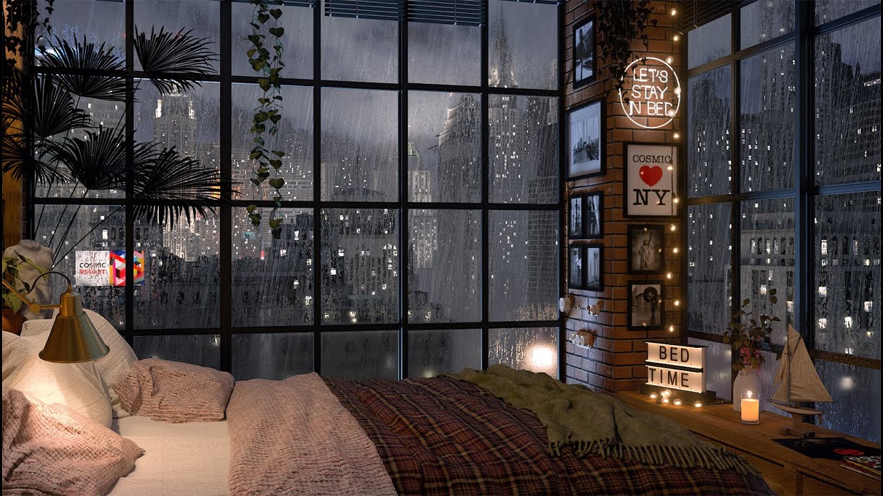 Cozy Bedroom with New York Manhattan View / Relaxing Rain and Thunderstorm Sounds