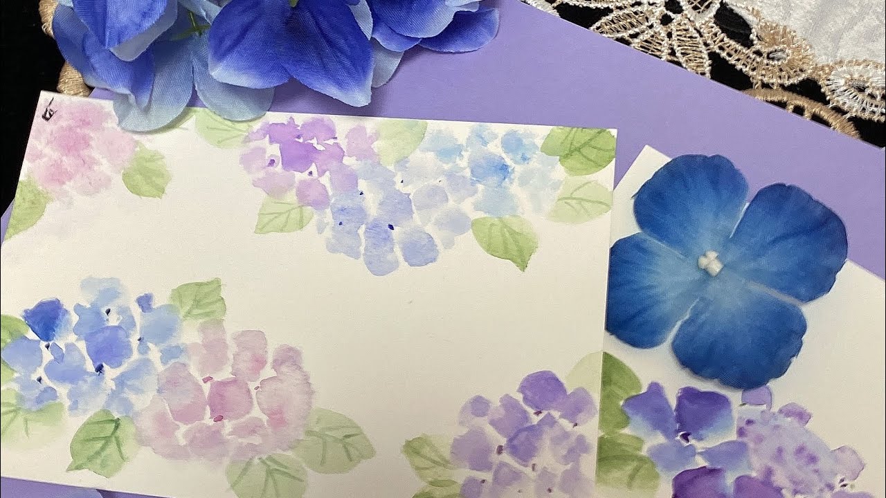 【6月〜アジサイ、額紫陽花を描く】ハガキ絵How to draw hydrangeaほのぼの一筆画22😊2022