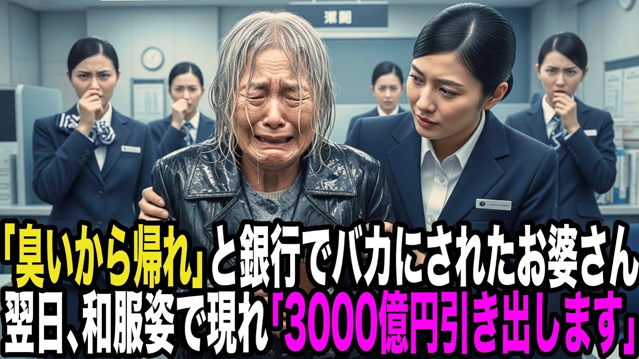 「臭いから帰れ」と言われ、銀行を追い出されたおばあさん。しかし翌日、その老婆が和服姿で現れ、全財産の3000億円を引き出しました・・・