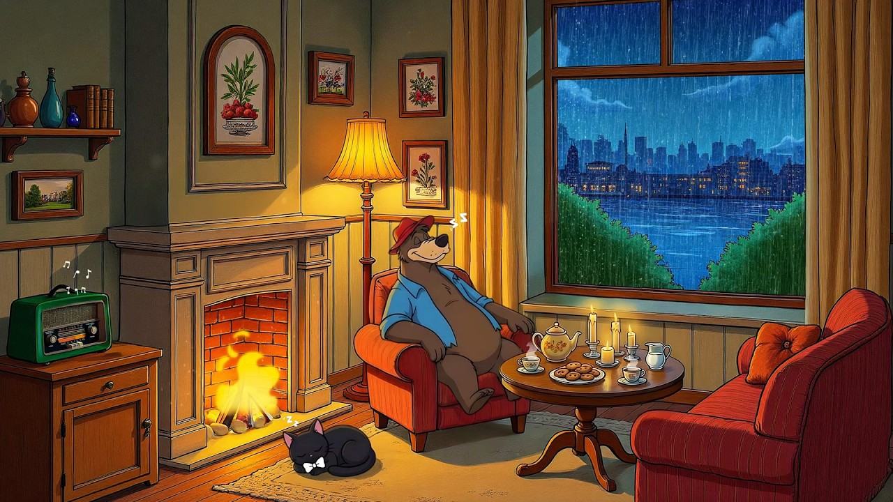 vintage oldies from the 1940s playing in a small cottage on a rainy night (relax, unwind & reading)