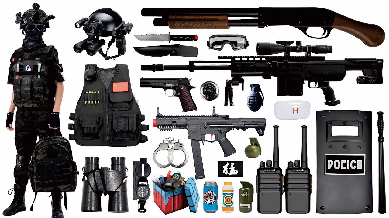 Unpack and collect toy guns, G36C assault rifle, AR57 carbine, CA870 shotgun, M1911 pistol