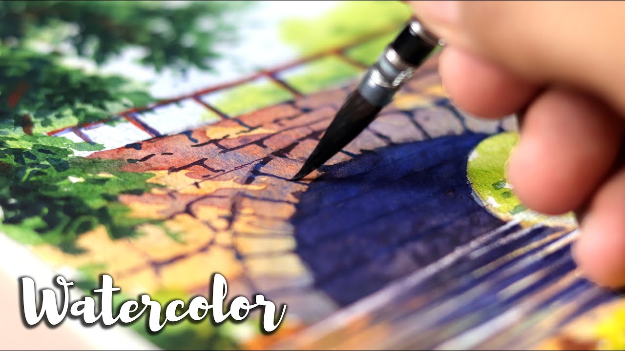 Beautiful Watercolor Painting of Bridge over Stream and Tree leaves