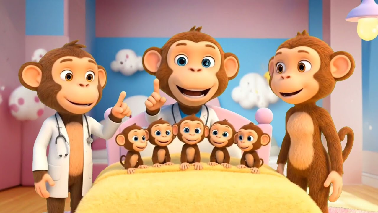 Five Little Monkeys Jumping Fun!A Five Little Pups Rhyme#trending