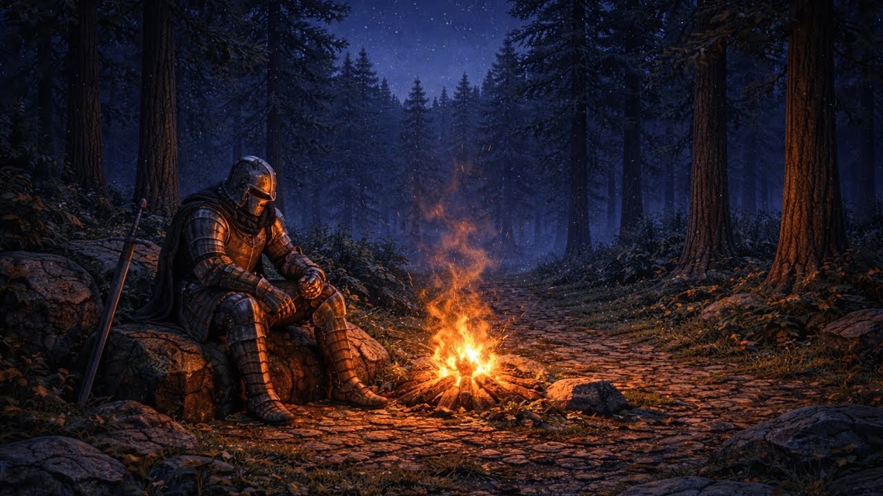 Música medieval ambiental para descanso y relajación | Fogata en bosque nocturno (1 hora 39 min)