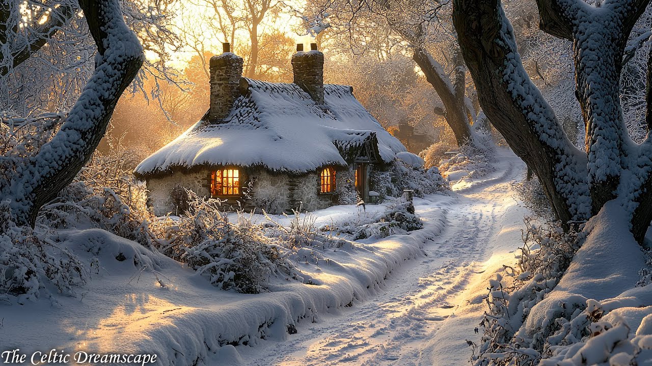 Enchanted Celtic Home: Medieval Tunes Amidst Snow and Golden Evening Glow