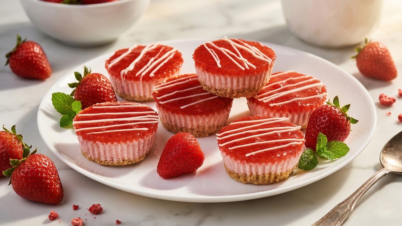 Mini strawberry cheesecakes recipe. No bake, no eggs. Easy to make.