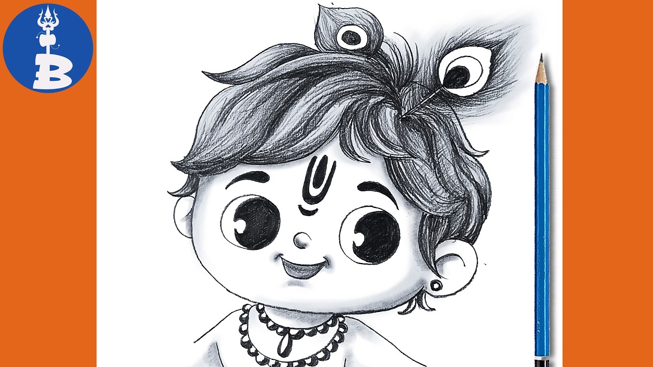 Krishna Drawing Easy Step By Step _ How To Make Cute Bal Krishna Drawing _ Bhagwan Drawing Chitra