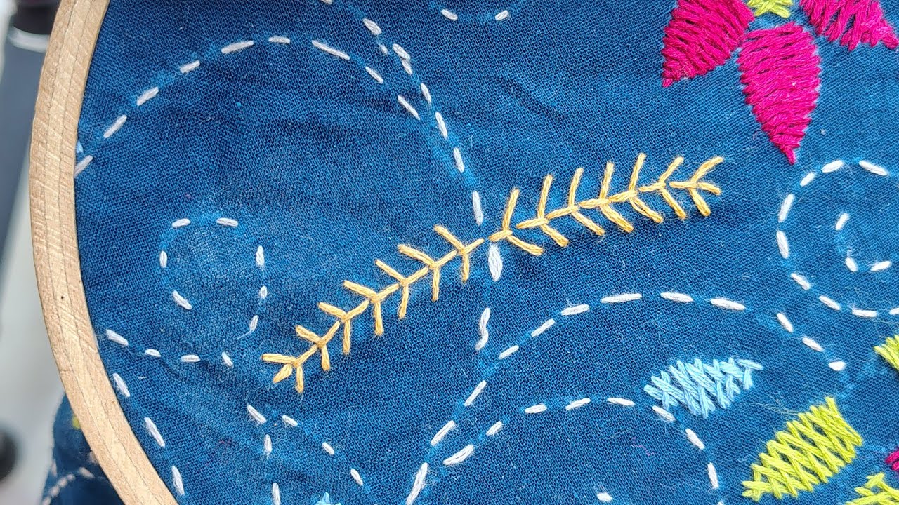 Feather stitche embroidery tutorial step by step. Hand embroidery design.