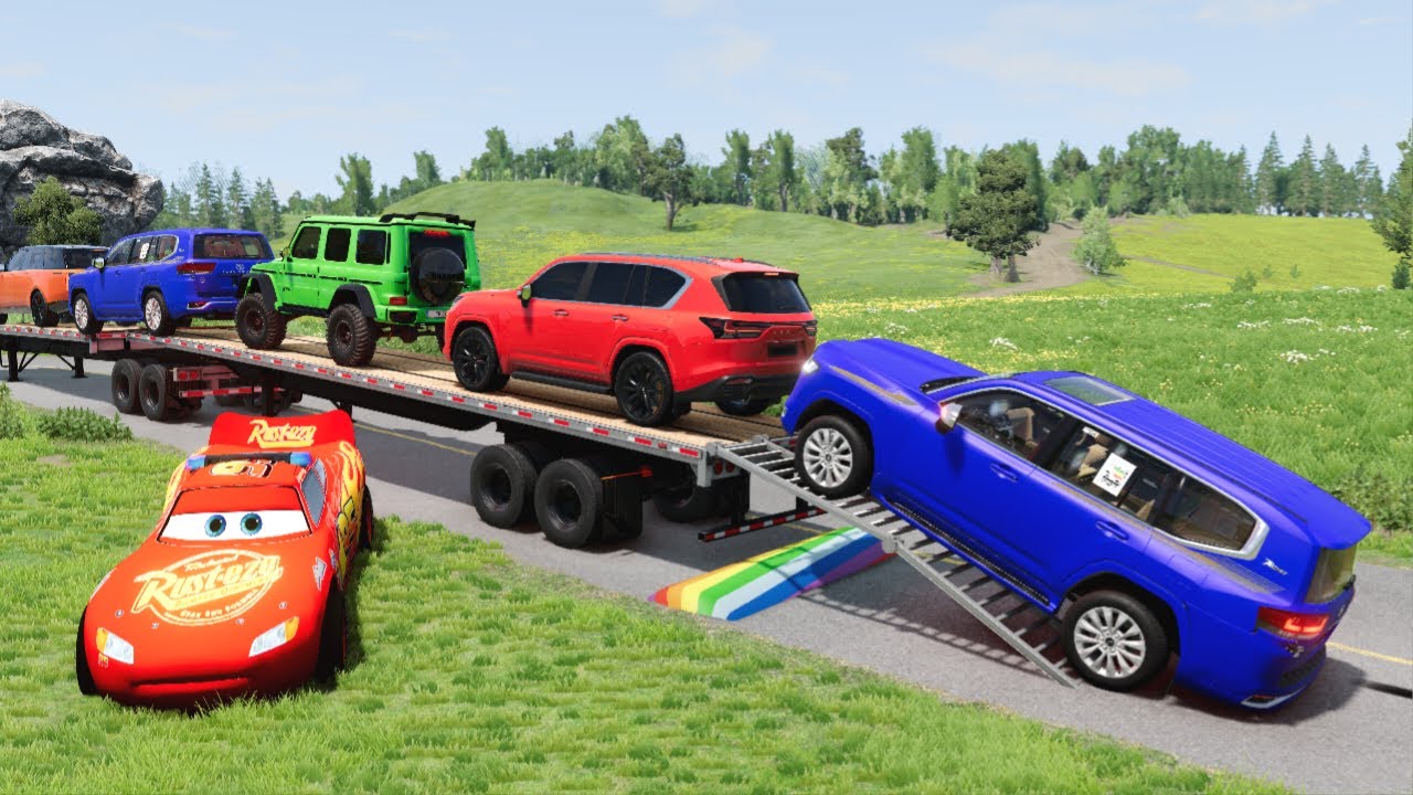 Flatbed Truck McQueen | Transportation with Truck - Pothole vs Car #5 | BeamNG.Drive Gameplay