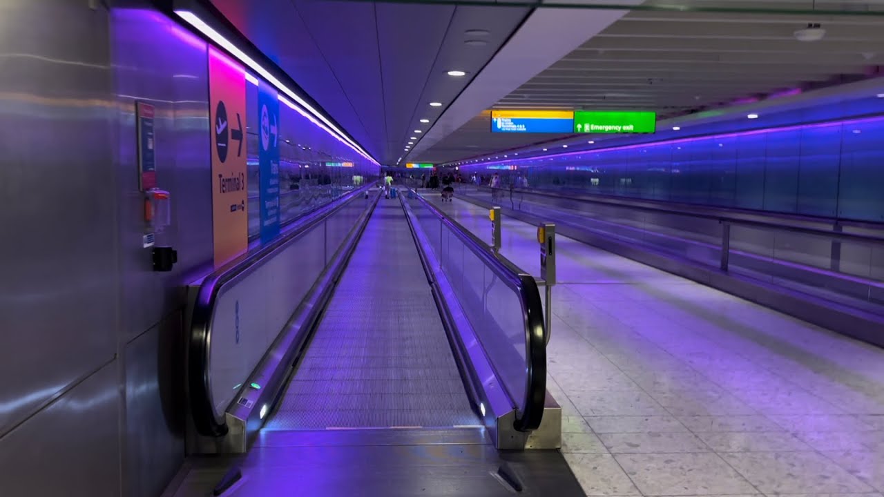 London Heathrow Airport. 4x Escalator & 4x Travelator ride - a walk from Terminal 2 to Terminal 3