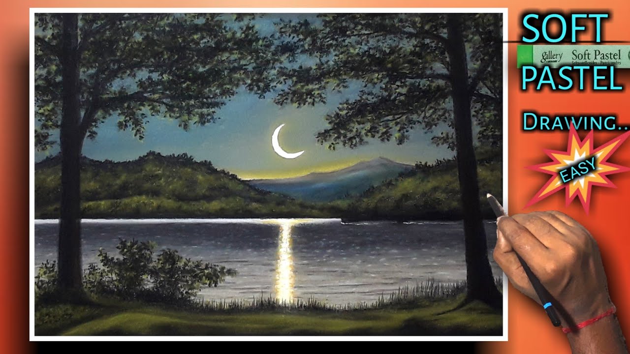 How To Draw Beautiful Lake || Moonlight Lake Painting, Night scenery