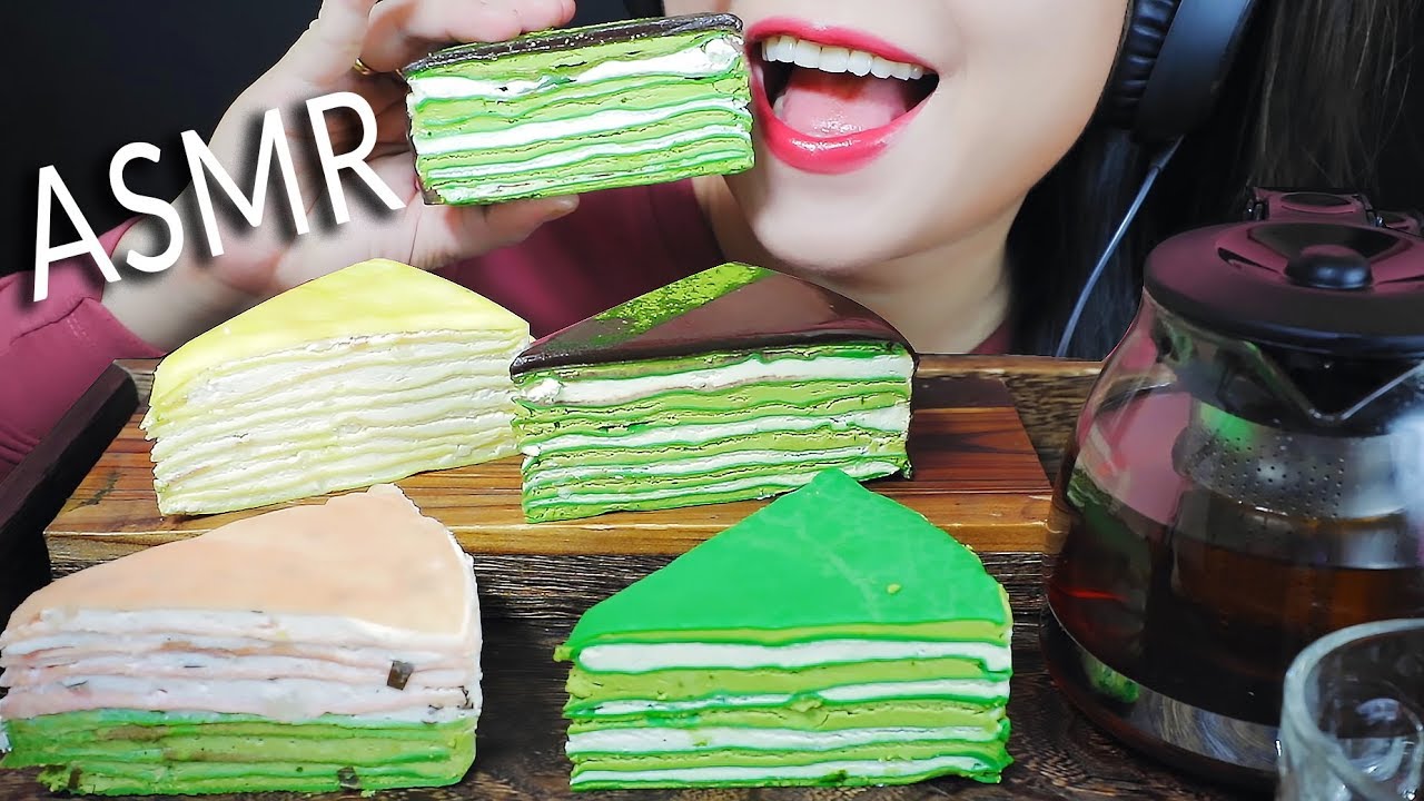 ASMR CREPES CAKE WITH MATCHA SAKURA CUSTARD FLAVOURS SOFT CHEWY EATING SOUNDS | LINH-ASMR mukbang 먹방