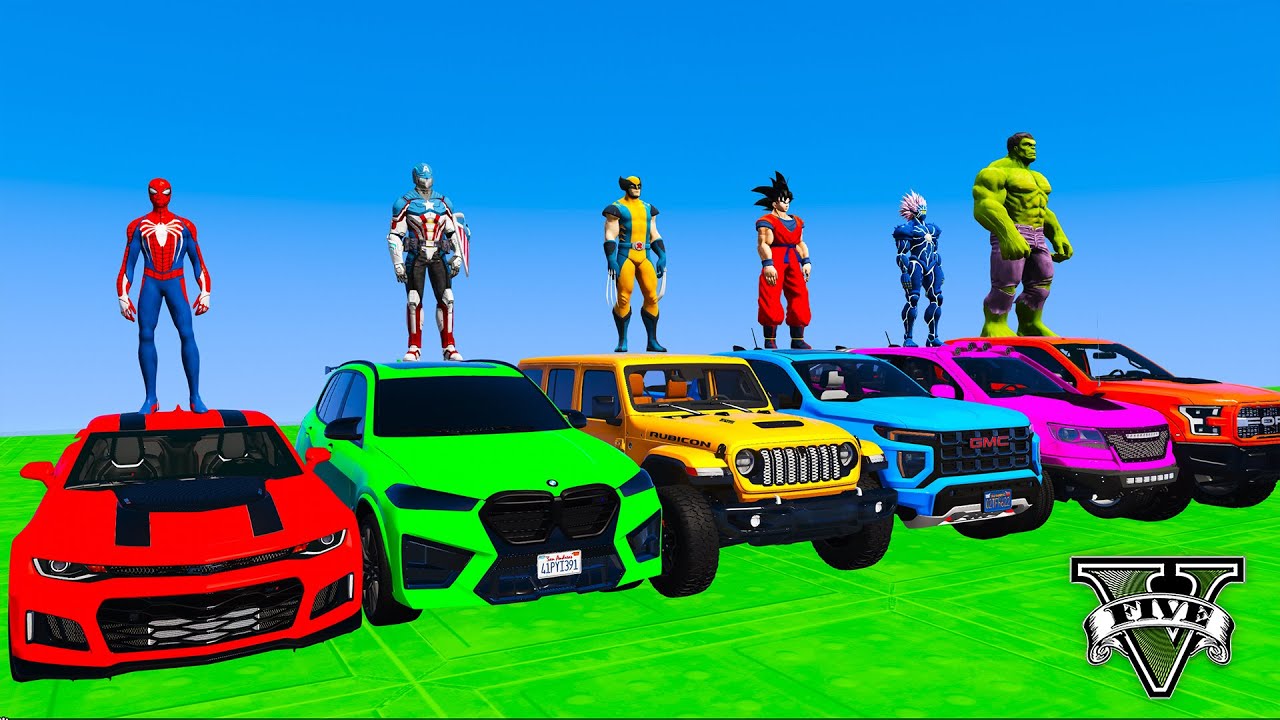 SPIDERMAN Epic HIGH SPEED Mega RAMP Challenge for Cars Jets Trucks! Superhero Hulk Venom Goku– GTA 5
