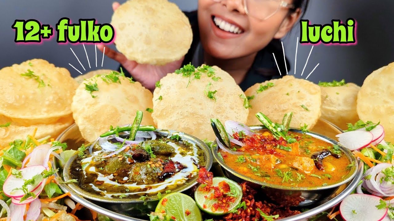 COOKING & EATING PALAK PANEER CHOLE PANEER WITH 12 FULKO LUCHI CHALLENGE | TASTY PALAK PANEER RECIPE