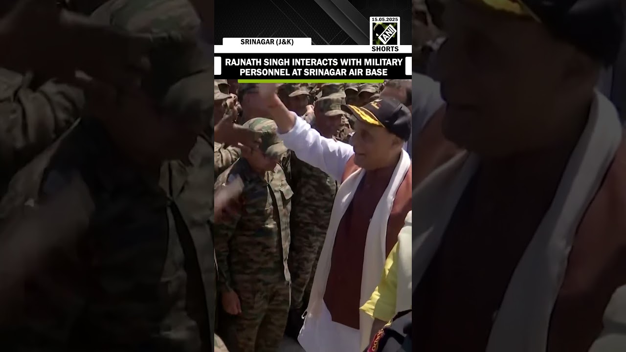 Defence Minister Rajnath Singh interacts with military personnel at Srinagar Air Base