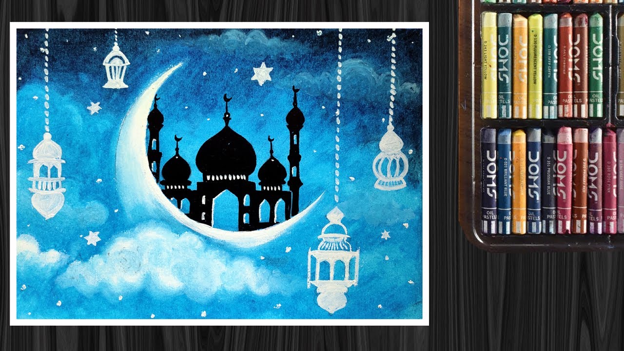 Eid Drawing Easy and Beautiful | Eid Drawing Easy Step by Step | Eid Mubarak Drawing Oil Pastel