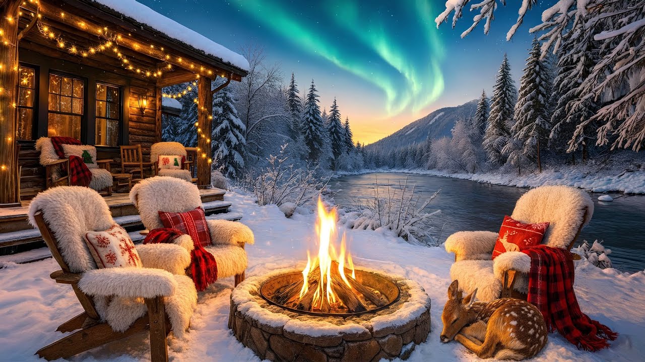 Under Northern Lights, a Peaceful Deer Stays Warm by the Cozy Fireplace — Sleep Ambience