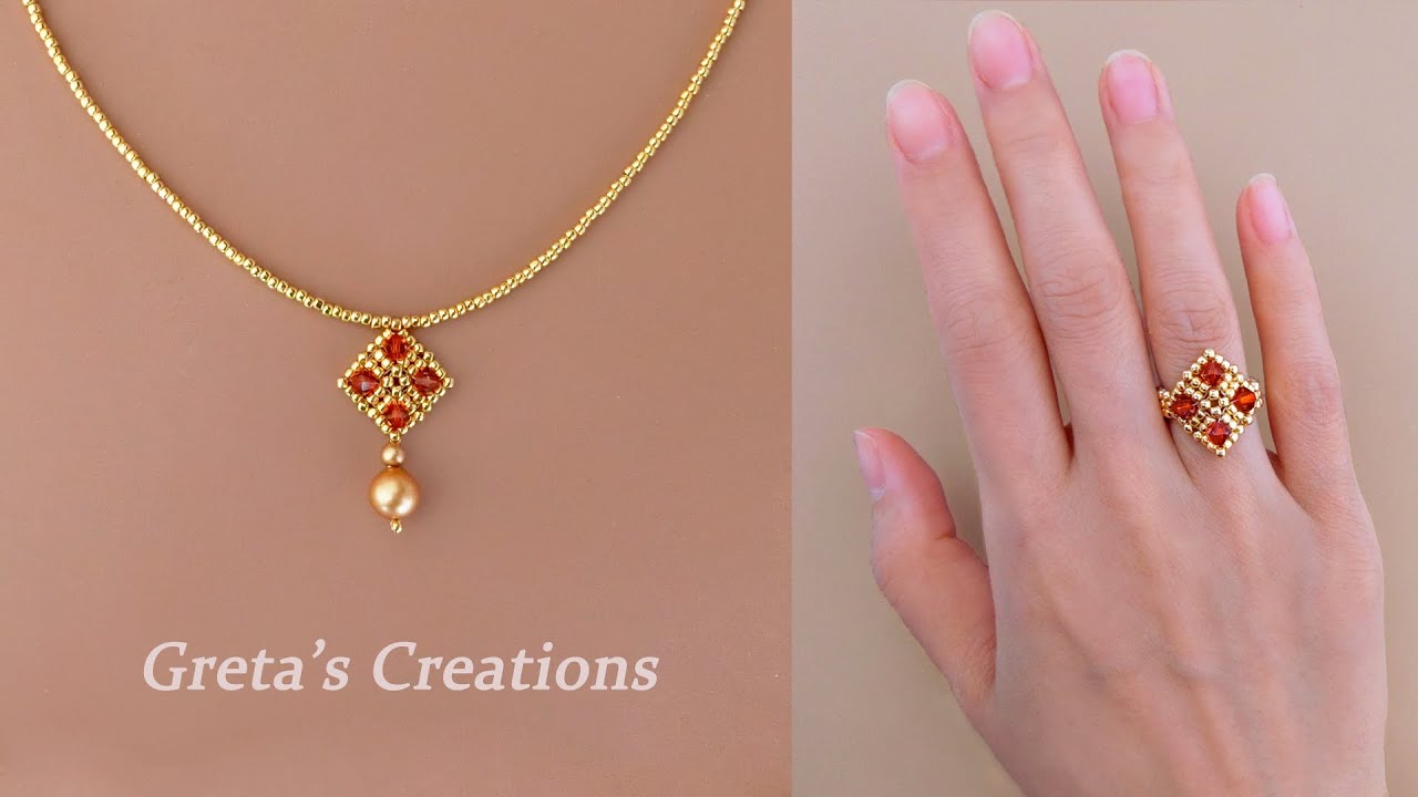 DIY Beaded Pendant Necklace & Beaded Ring. How to Make Beaded Jewelry Set. Beading Tutorial 串珠项链和戒指