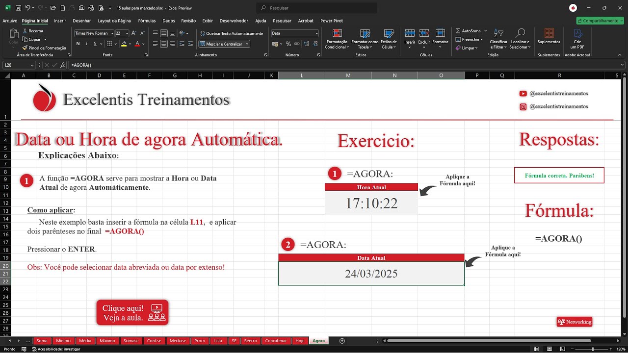 [EXCEL] Hora autom&aacute;tica que atualiza a cada movimento com a fun&ccedil;&atilde;o AGORA no #excel #aprendeexcel