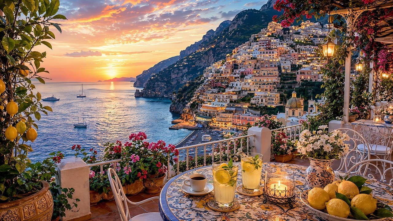 Golden Sunset Jazz in Italy ☕ Amalfi Coast Caf&eacute; Ambience & Smooth Jazz for Study & Work