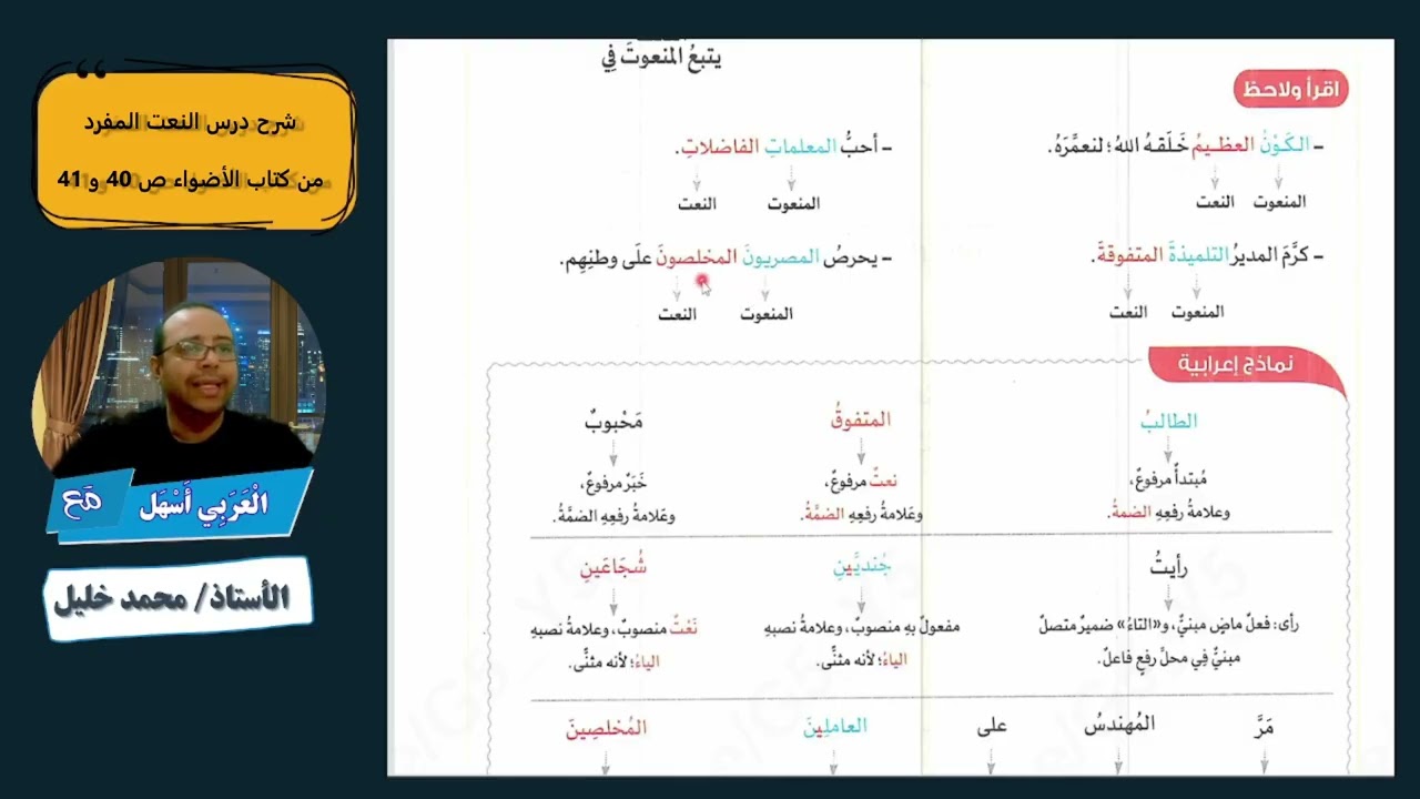 النعت المفرد - الصف السادس - التر الثاني - شرح من كتاب الأضواء