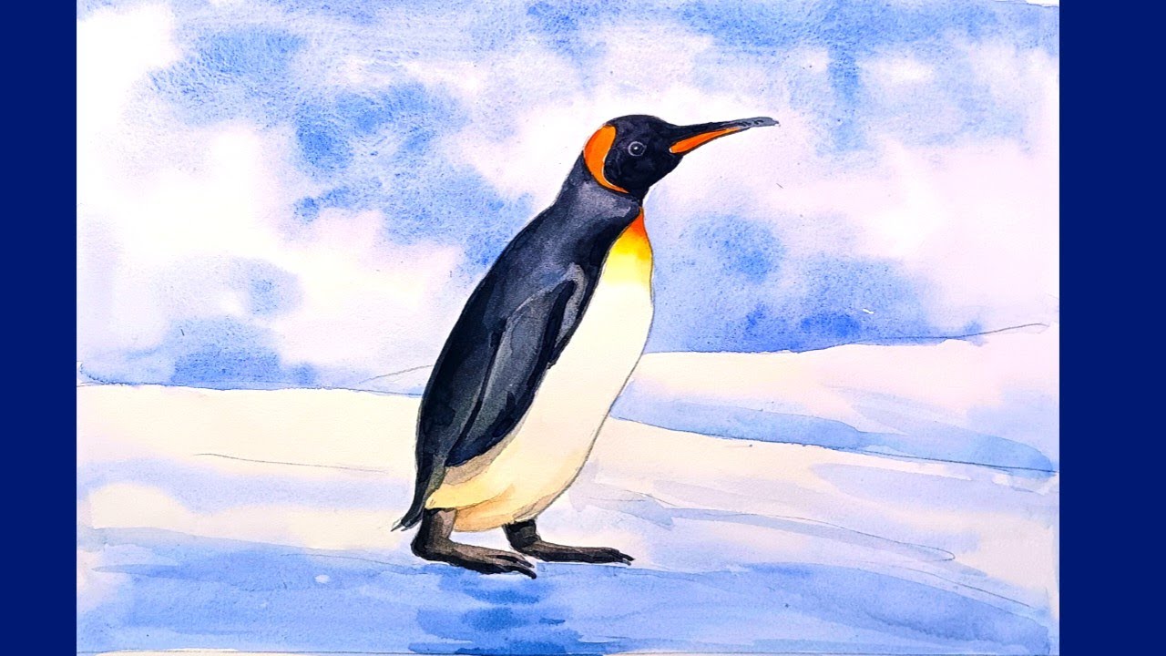 Penguin bird scenery drawing step by step with watercolour/Penguin drawing watercolour 
