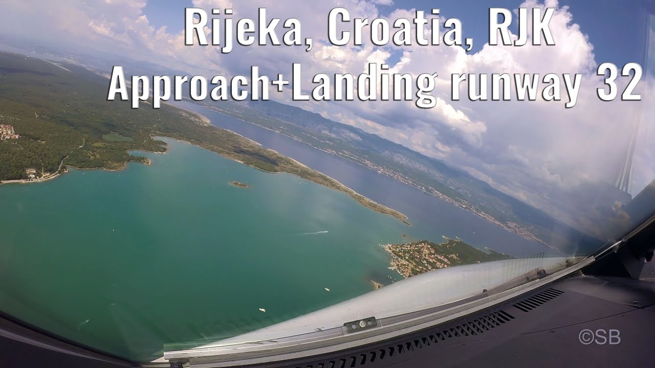 Rijeka airport, Krk Island, Croatia: Visual approach + landing rwy 32. RJK. Airbus Cockpit view. 4k