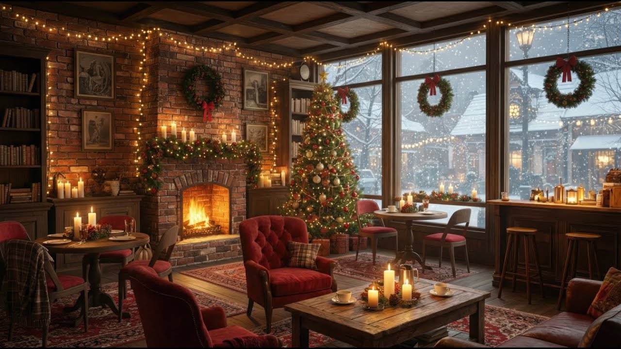Christmas Cozy Cafe Jazz Piano Evening Fireplace Ambience for Calm Relax, Sleep and Focus