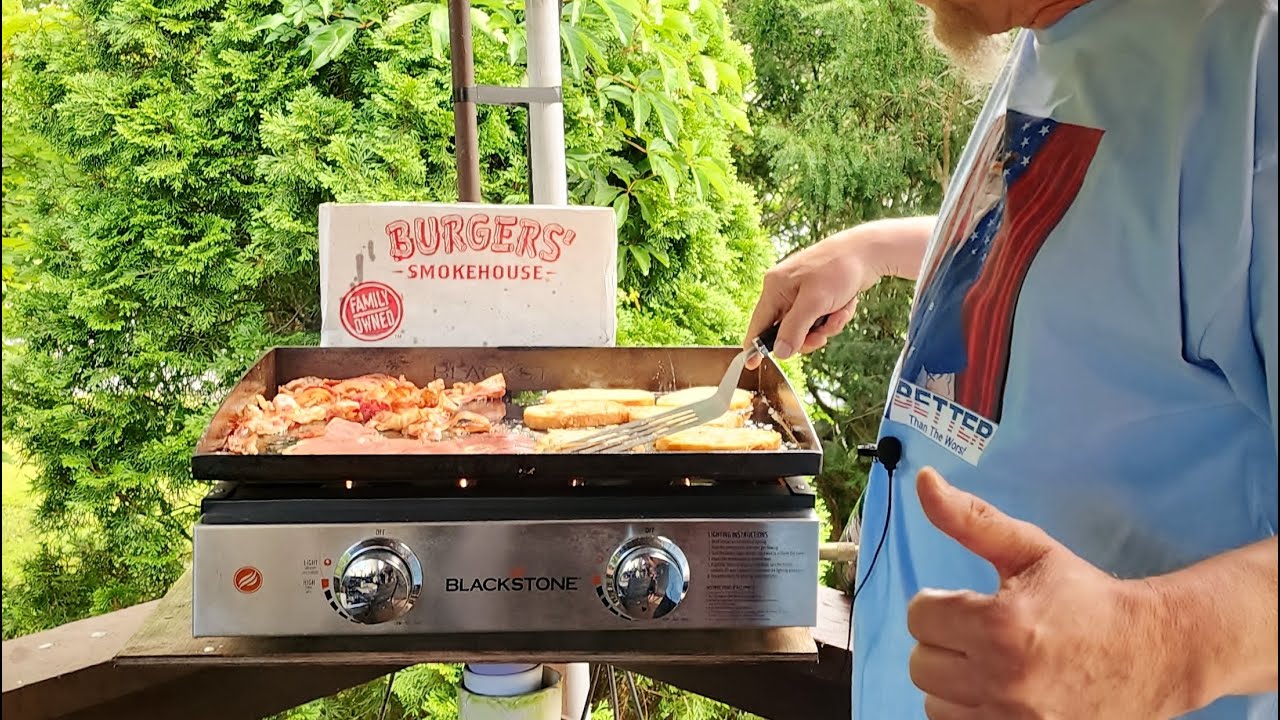 Burgers Smokehouse, Bacon + Ham Grilled on a Blackstone!