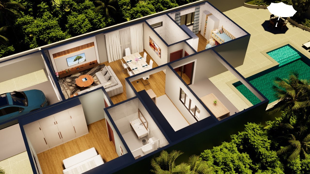 Casa Moderna em 3D:  2 Quartos, 2 Banheiros e Cozinha Americana