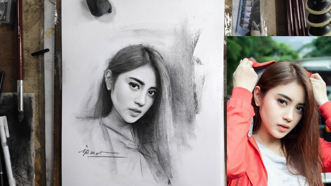 Menggambar NABILAH AYU Pakai Teknik Arsir & Kuas