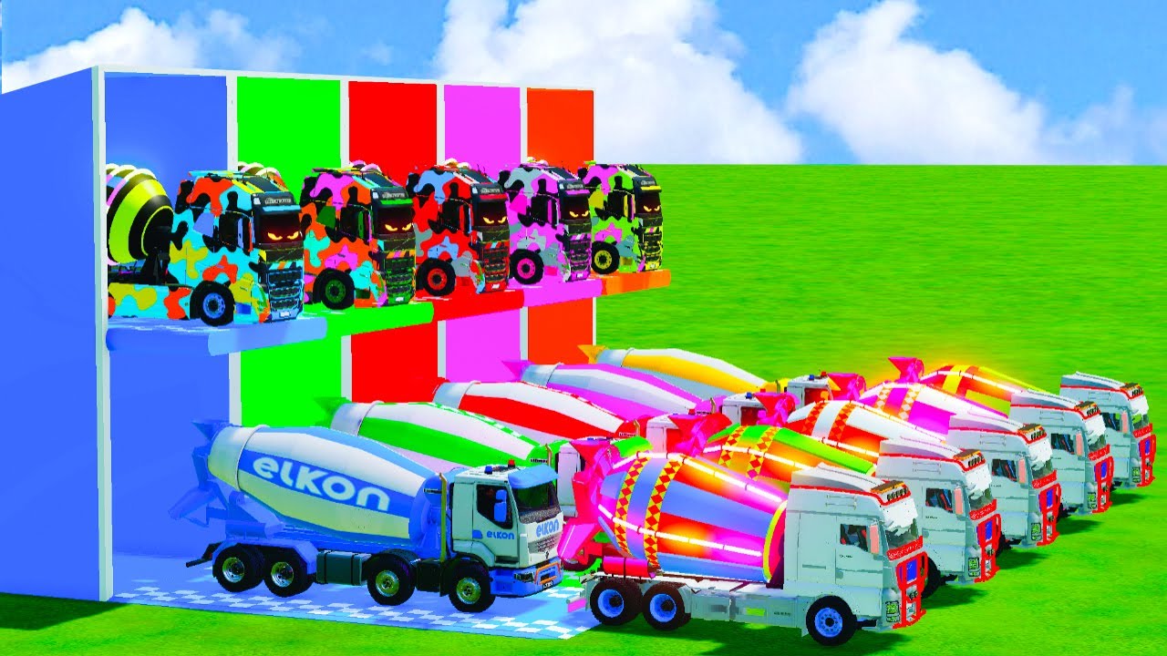 Garage with Colors - ALL MIXER TRUCK WITH DOUBLE FLATBED TRAILER TRUCK, KENWORTH, PETERBILT, SCANIA
