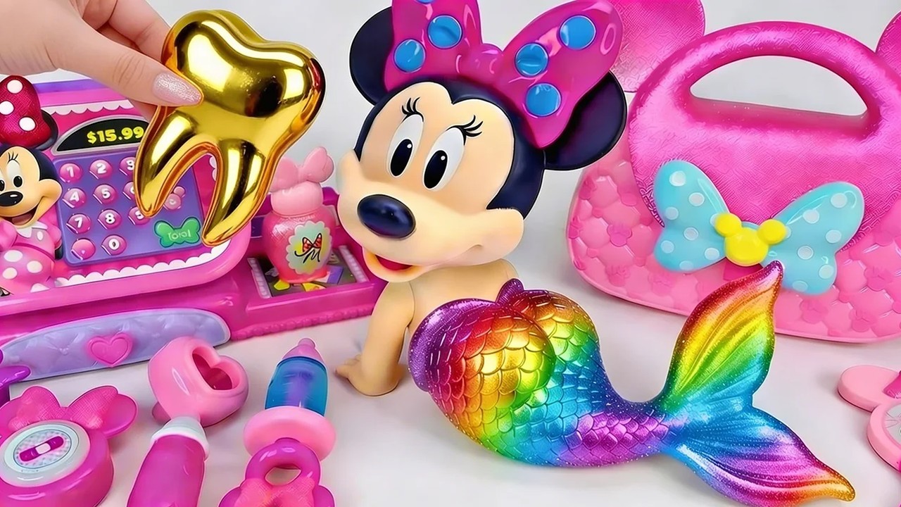 Minnie Mouse 2026🎀 Set Unboxing sirena Minnie cola arco&iacute;ris & set juguetes rosa brillante ASMR