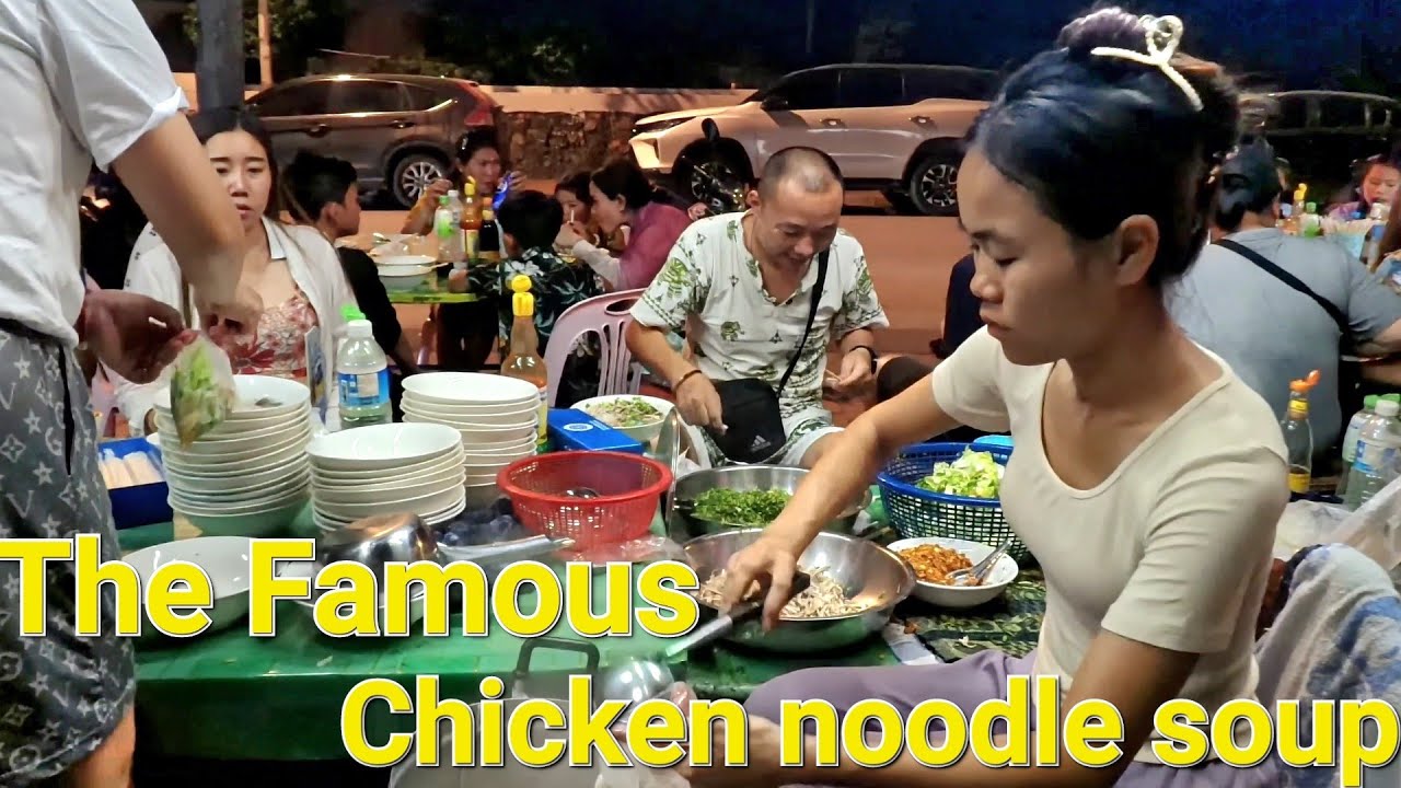 Luang Prabang Khao Piak Sen - Eating chicken noodle soup with friends