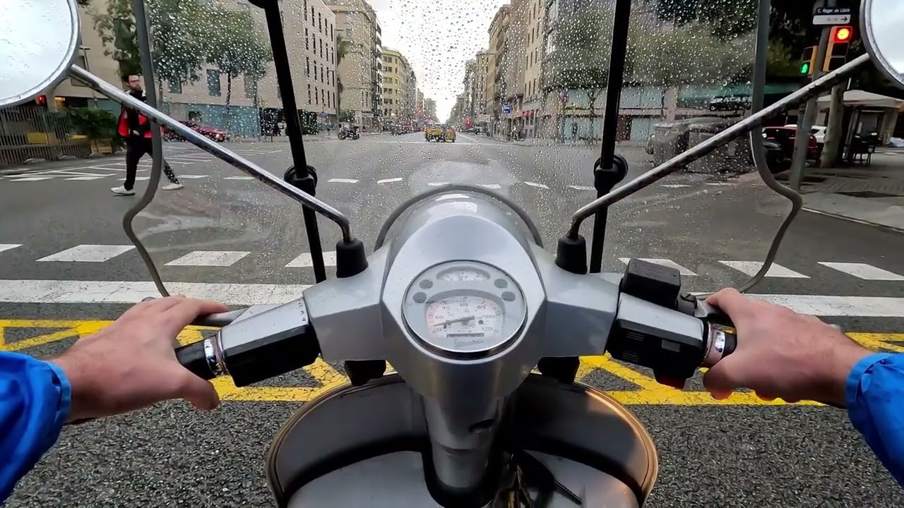 Vespa ride Barcelona. Guipúscoa Street and Aragó Street. POV ASMR