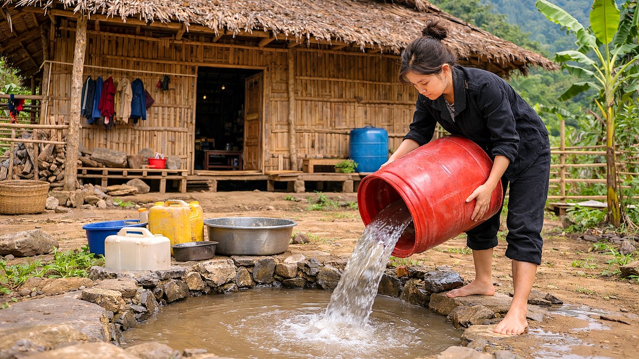 Hardworking single mom finishes clean water tank and harvests fruit for market