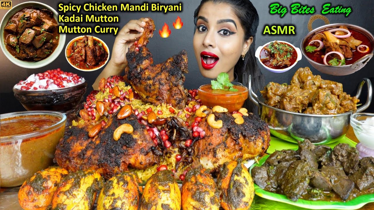 ASMR Eating Spicy Mutton Liver,Chicken Mandi Biryani,Egg Curry,Rice Big Bites ASMR Eating Mukbang