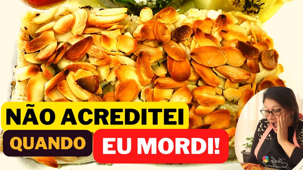 BACALHAU COM CROSTA DE AMÊNDOAS E ARROZ COM AZEITONA E BRÓCOLIS