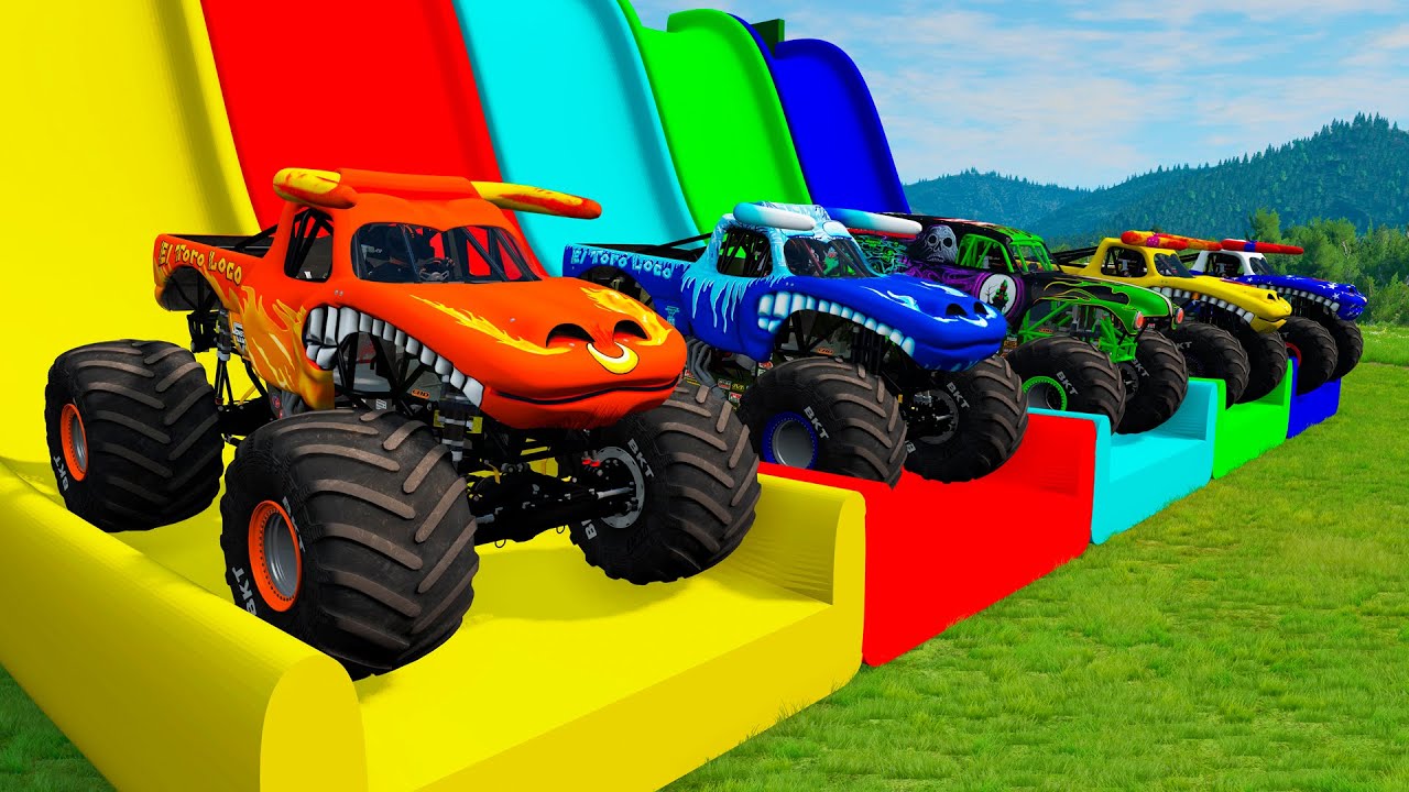 Double Flatbed Trailer Monster Trucks Transport with Slide Color - Cars vs Speed bump - BeamNG #29